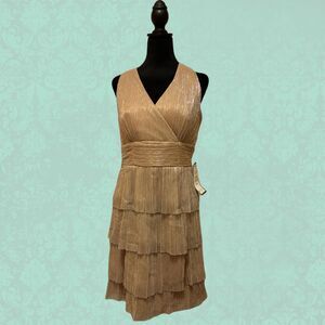 NWT Connected Apparel Gold Metallic Tiered Ruffled Midi Dress Women's 6